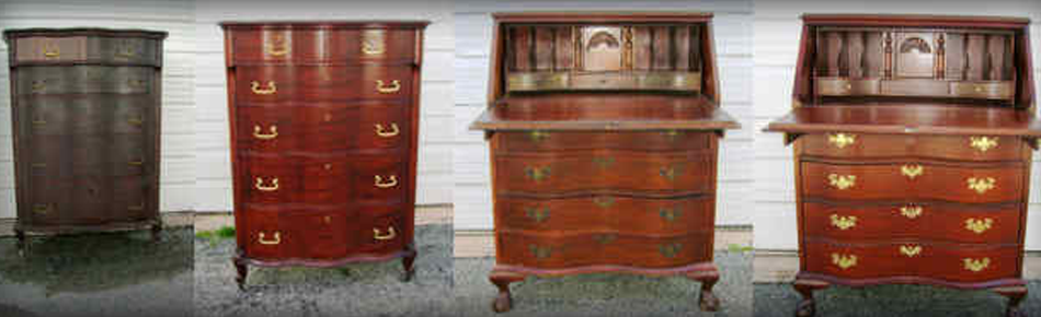 Before and after series showing refinished furniture