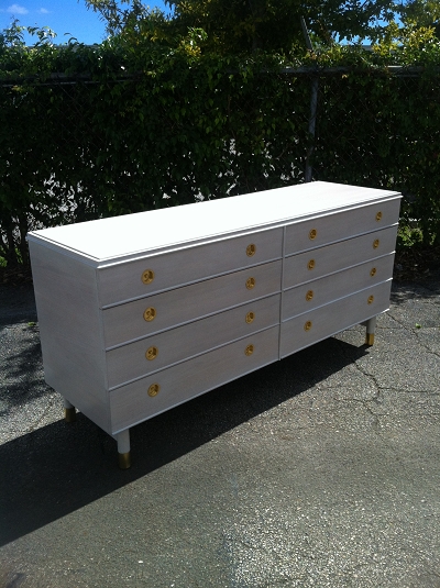 Dresser refinished white lacquer satin.
Polished handles